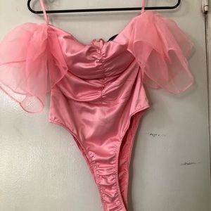 Pink off shoulder lace bodysuit
